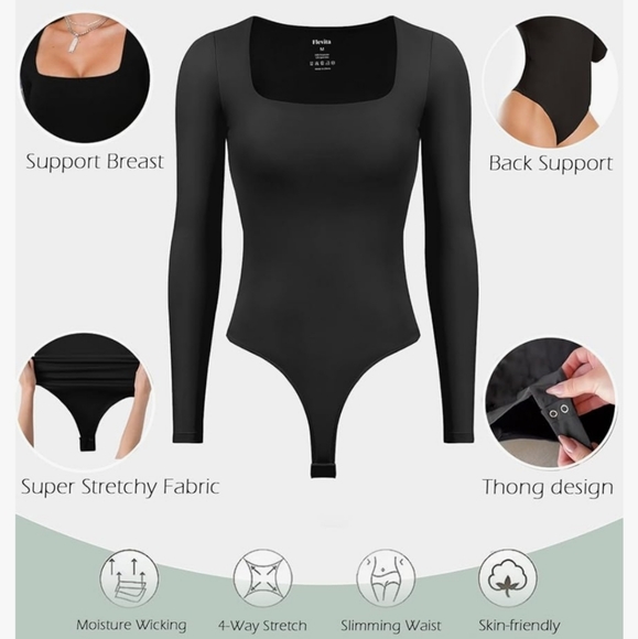 Square Neck Basic Black Long Sleeve Bodysuit size medium Spanx like material new - Picture 2 of 4